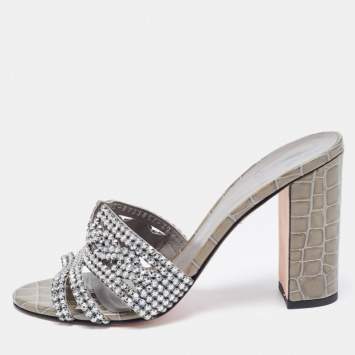 Pre Owned Gina Green Crystal Embellished Croc Embossed Patent Leather Rodeo Block Heel Slide Sandals Size 39.5