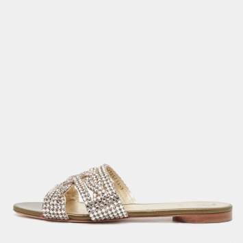 Pre Owned Gina Gold Crystal Embellished Leather Strappy Flat Slides Size 40