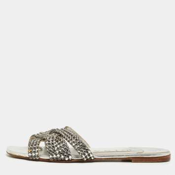 Pre Owned Gina Silver Crystal Embellished Leather Flat Slides Size 36.5