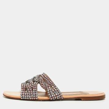 Pre Owned Gina Pink Crystal Embellished Leather Flat Slides Size 37.5