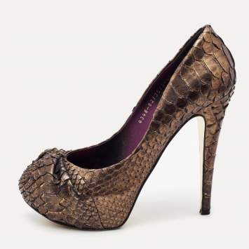 Pre Owned Gina Metallic Brown Python Elle Platform Pumps Size 39.5