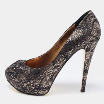 Pre Owned Gina Black/Silver Brocade Fabric Pleated High Heel Platform Pumps Size 39.5