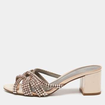 Pre Owned Gina Pink Crystal Embellished Leather Dexie Slide Sandals Size 38