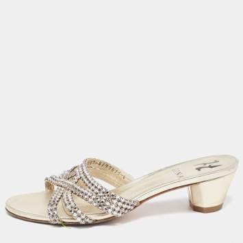 Pre Owned Gina Metallic Crystal Embellished Leather Slide Sandals Size 37