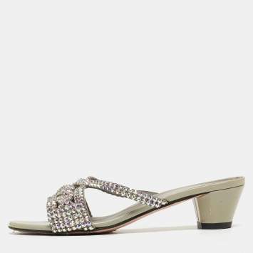 Pre Owned Gina Grey Patent Leather Crystal Embellished Slide Sandals Size 38