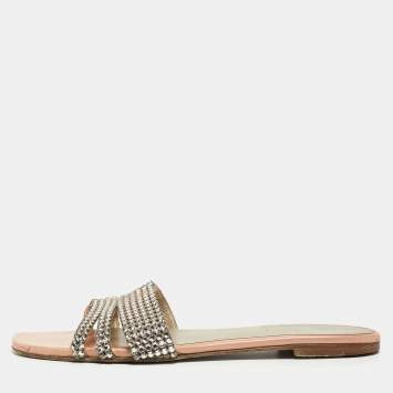 Pre Owned Gina Silver/Pink Crystal Embellished Leather Flat Slides Size 40.5