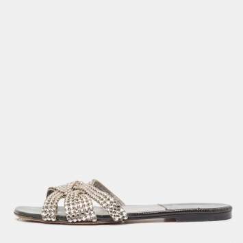 Pre Owned Gina Silver/Black Crystal Embellished Leather Thong Flats Size 38