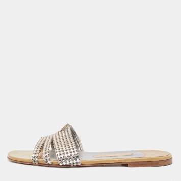 Pre Owned Gina Silver/Beige Crystal Embellished Leather Thong Flats Size 38