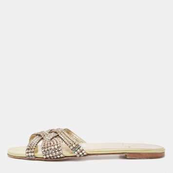 Pre Owned Gina Yellow Crystal Embellished Leather Thong Flats Size 38.5