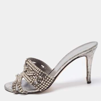 Pre Owned Gina Metallic Grey Crystal Embellished Leather Slide Sandals Size 37.5