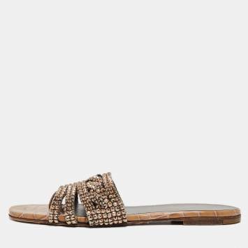 Pre Owned Gina Gold Croc Embossed Leather and Leather Crystal Embellished Flat Slides Size 38.5   