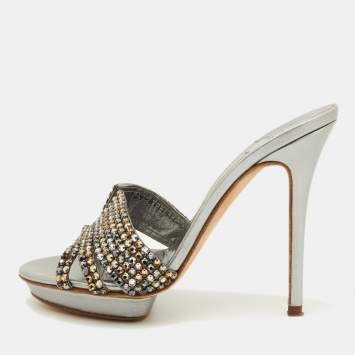 Pre Owned Gina Silver Crystal Embellished Leather Slide Sandals Size 38