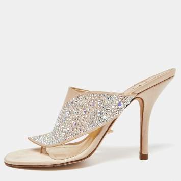 Pre Owned Gina Beige Satin Crystal Embellished Thong Sandals Size 39