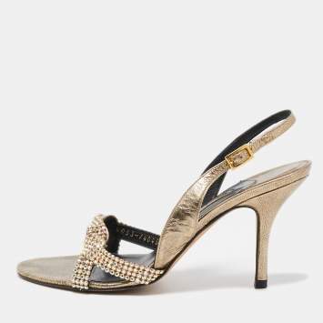 Pre Owned Gina Gold Crystal Embellished Leather Slingback Sandals Size 37.5