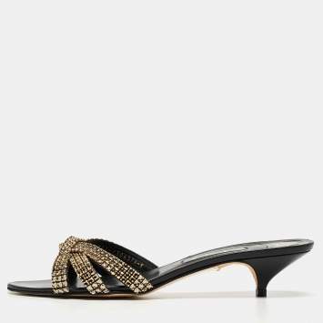Pre Owned Gina Black Leather Crystal Embellished Slide Sandals Size 41
