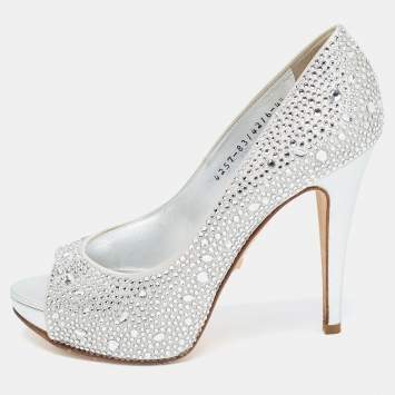 Pre Owned Gina Silver Satin Crystal Embellished Peep Toe Platform Pumps Size 37.5