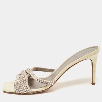 Pre Owned Gina Cream/Grey Croc Embossed Leather Crystal Embellished Slide Sandals Size 40.5 