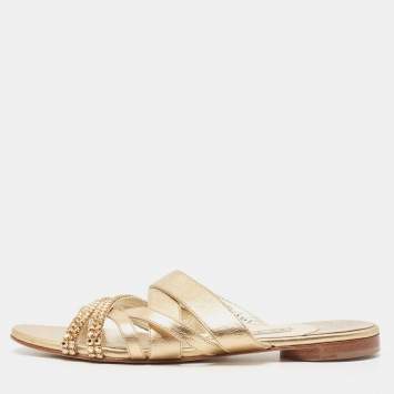 Pre Owned Gina Golden Leather Crystal Embellished Slide Sandals Size 38