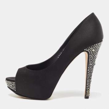 Pre Owned Gina Black Satin Jenna Crystal Embellished Heel Peep Toe Platform Pumps Size 39.5