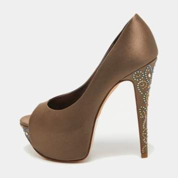 Pre Owned Gina Brown Satin Crystal Embellished Open Toe Pumps Size 38