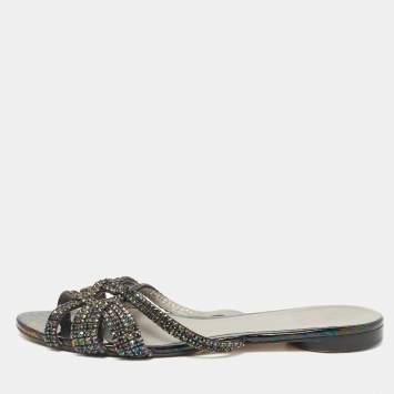 Pre Owned Gina Black Crystal Embellished Leather Strappy Flat Slides Size 39.5 
