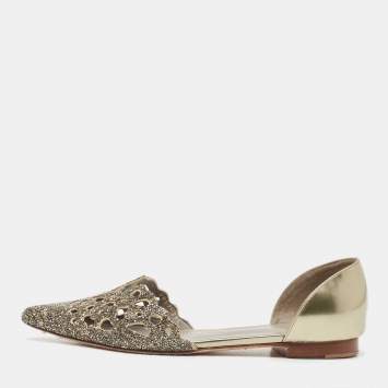 Pre Owned Gina Metallic Leather Crystal Embellished Laser Cut D'orsay Flats Size 39.5