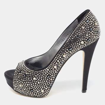 Pre Owned Gina Black Crystal Embellished Satin Platform Peep Toe Pumps Size 37.5