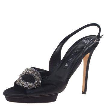 Pre Owned Gina Black Satin Brooch Embellished Slingback Sandals Size 39.5