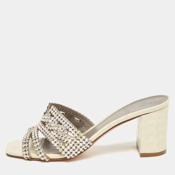 Pre Owned Gina Green Croc Embossed Crystal Embellished Slide Sandals Size 37.5