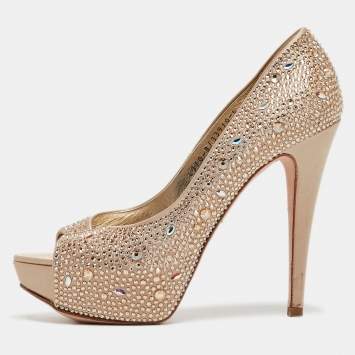Pre Owned Gina Gold Crystal Embellished Satin Open Toe Platform Pumps Size 39