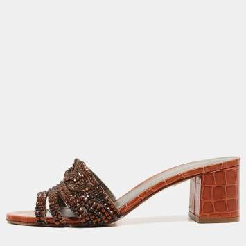 Pre Owned Gina Orange Croc Embossed Patent Crystal Embellished Slide Sandals Size 38.5