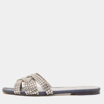 Pre Owned Gina Silver/Blue Crystal Embellished Leather Thong Flats Size 37.5