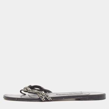 Pre Owned Gina Black Leather Crystal Embellished Flat Slides Size 37 