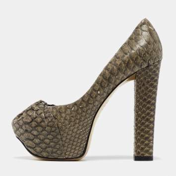 Pre Owned Gina Green Python Platform Block Heel Pumps Size 39