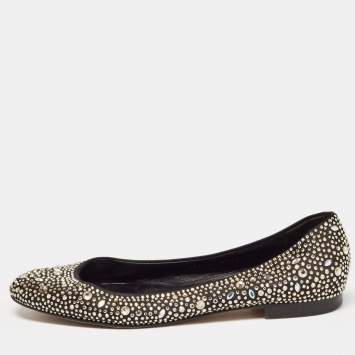 Pre Owned Gina Black/Metallic Crystal Embellished Satin Ballet Flats Size 40.5