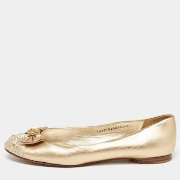 Pre Owned Gina Gold Leather and Crystal Embellished Satin Cap Toe Bow Ballet Flats Size 41