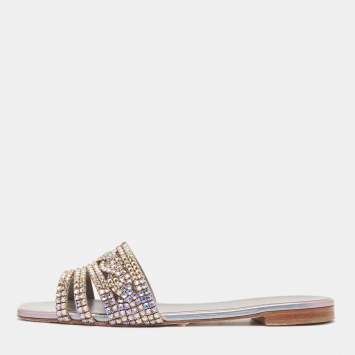 Pre Owned Gina Silver/Purple Leather Crystal Embellished Flat Slides Size 40