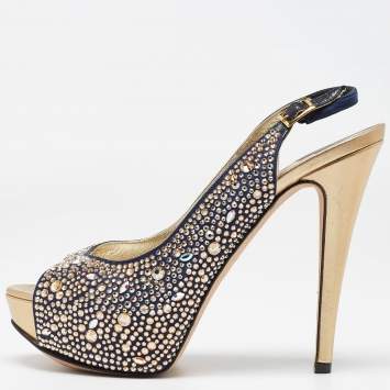Pre Owned Gina Navy Blue/Gold Crystal Embellished Satin Open Toe Slingback Sandals Size 39