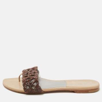 Pre Owned Gina Brown Crystal Embellished Leather Thong Flat Slides Size 37