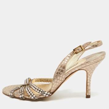 Pre Owned Gina Metallic Crystal Embellished Embossed Python Slingback Sandals Size 37