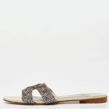 Pre Owned Gina Cream/Silver Crystal Embellished Leather Flat Slides Size 38.5