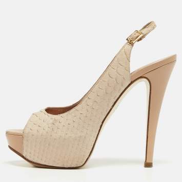 Pre Owned Gina Cream Python Embossed Leather Peep Toe Blake Platform Slingback Pumps Size 37