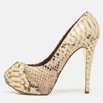 Pre Owned Gina Beige/Brown Python Leather Hoodie Platform Pumps Size 39