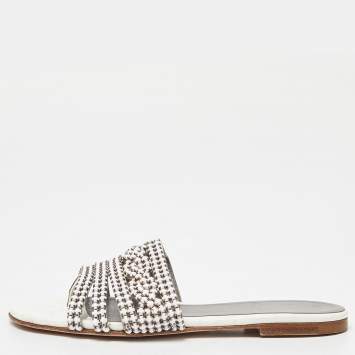 Pre Owned Gina White Crystal Embellished Leather Thong Flats Size 36