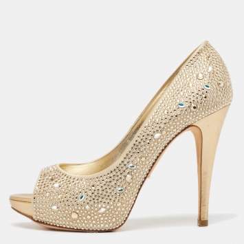 Pre Owned Gina Gold Crystal Embellished Satin Platform Open Toe Pumps Size 39