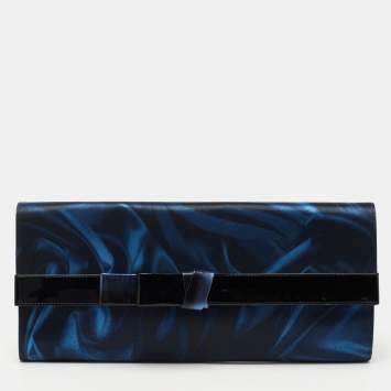 Pre Owned Giorgio Armani Navy Blue/Black Nylon and Patent Leather Oversized Bow Clutch