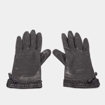 Pre Owned Giorgio Armani Black Leather Ruffled Bow Gloves M