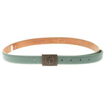 Pre Owned Giorgio Armani Pistachio Green Leather Logo Plaque Belt Size 50