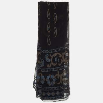 Giorgio Armani Le Collezioni Black Paisley Embroidered Silk Chiffon Stole 
