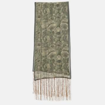 Pre Owned Giorgio Armani Le Collezioni Green Print Silk Fringed Scarf